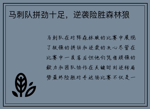 马刺队拼劲十足，逆袭险胜森林狼